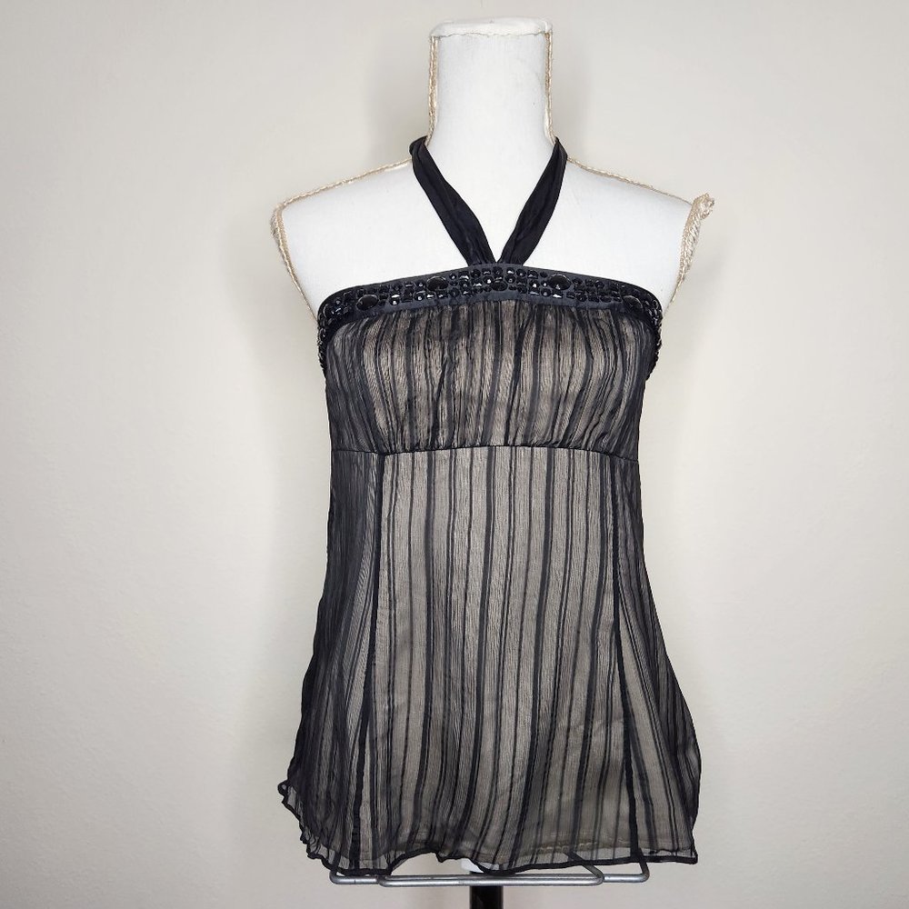 White House Black Market Women's Small Black Tan Silk Beaded Halter Crop Top